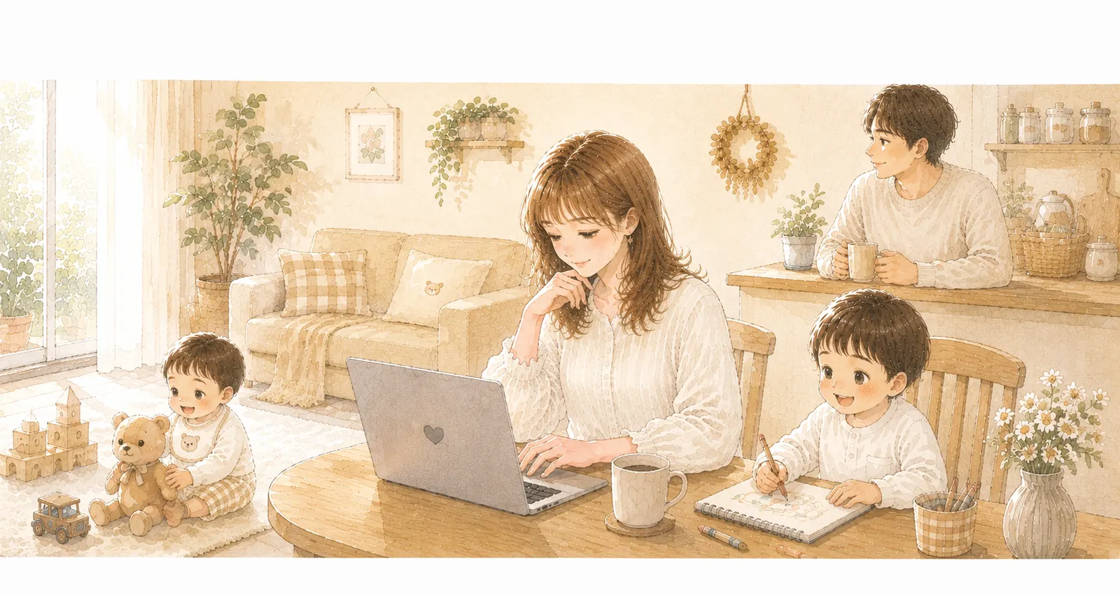 家族と一緒にPCで作業する主婦のイラスト