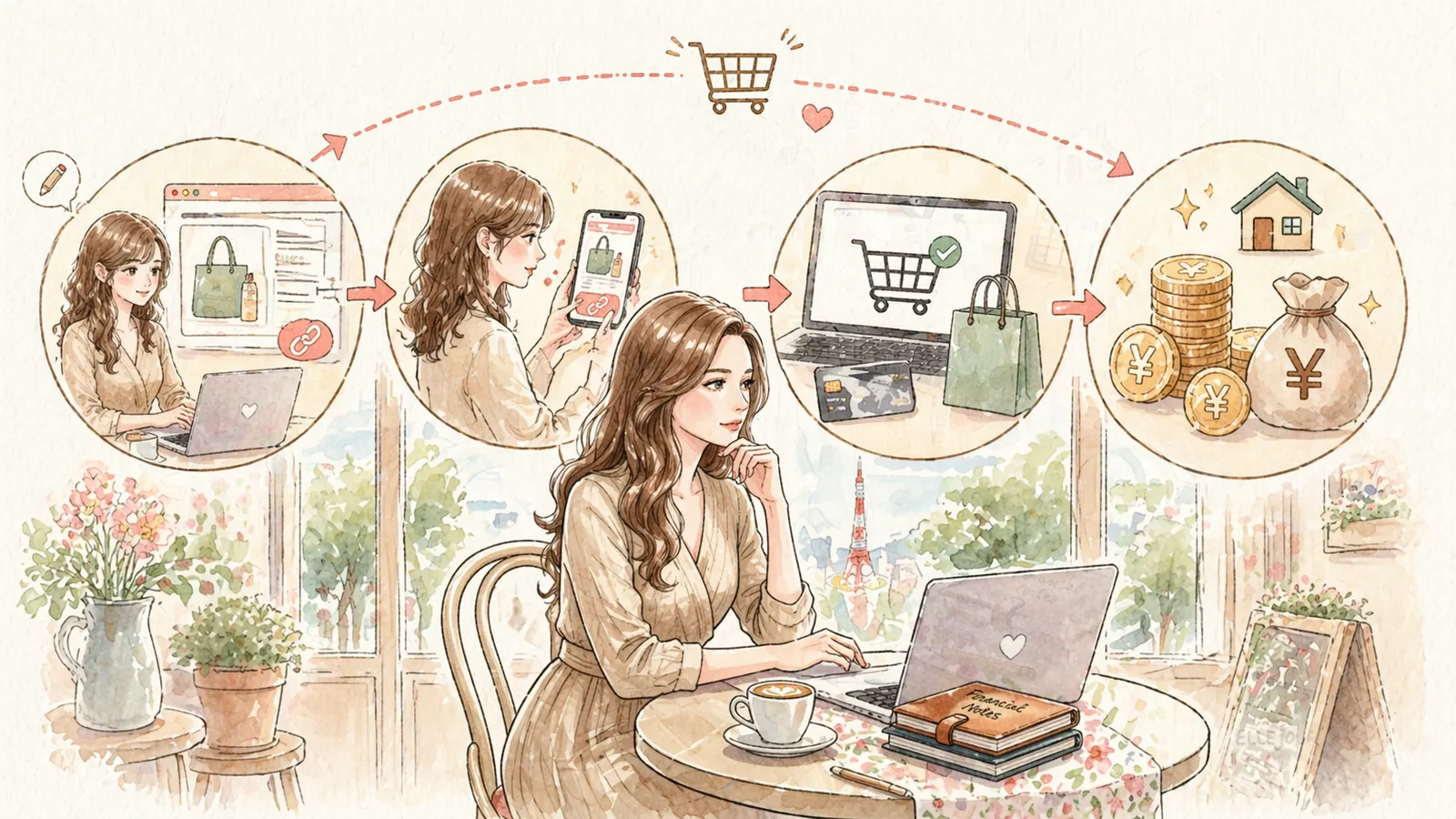 アフィリエイトとアドセンスで収益を得る仕組みのイラスト