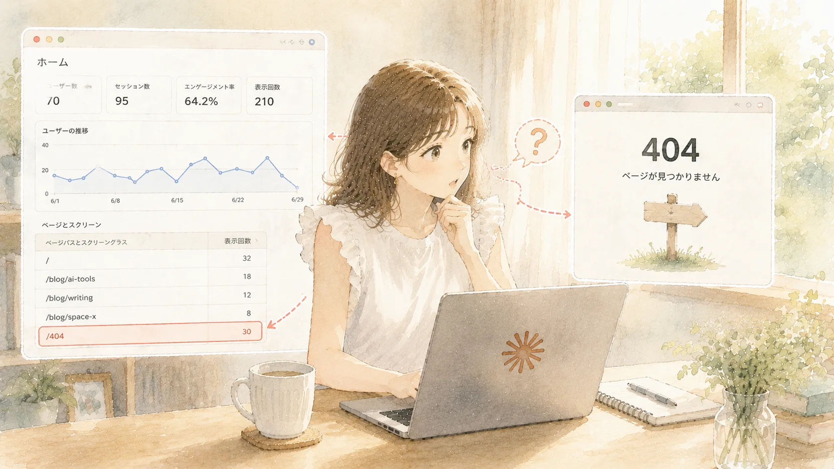 アクセス解析で404を見つけて気になる主婦のイラスト