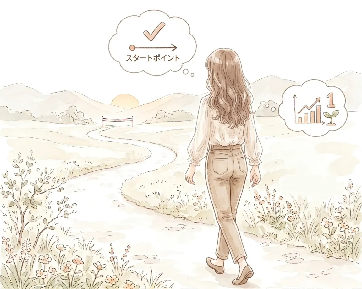 0から1を目指してコツコツ歩く主婦のイラスト