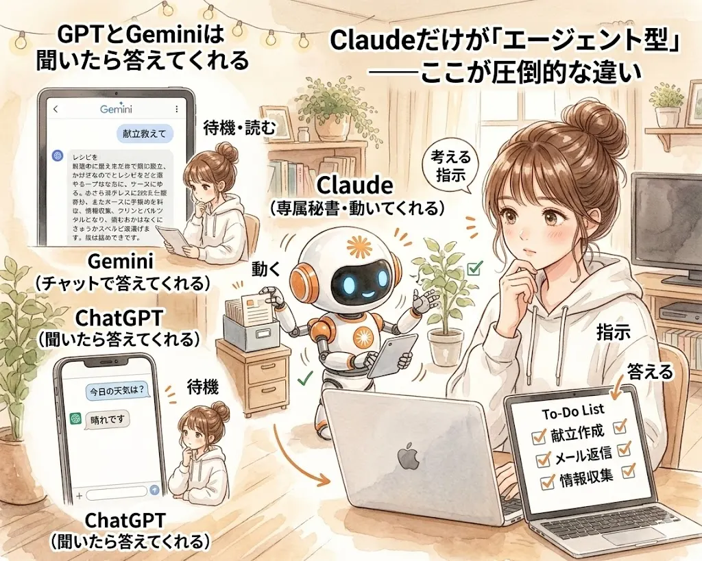 ChatGPTやGeminiはチャットで答えるだけ・Claudeはエージェントとして作業もしてくれるという違いを表したイラスト