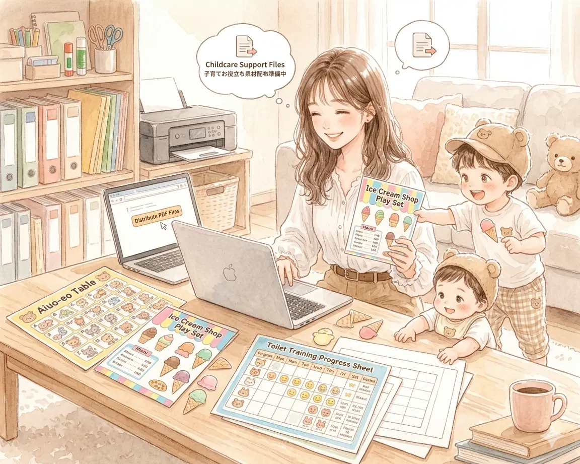 AIで作った子育て素材を子どもたちと一緒に配布準備する主婦のイラスト