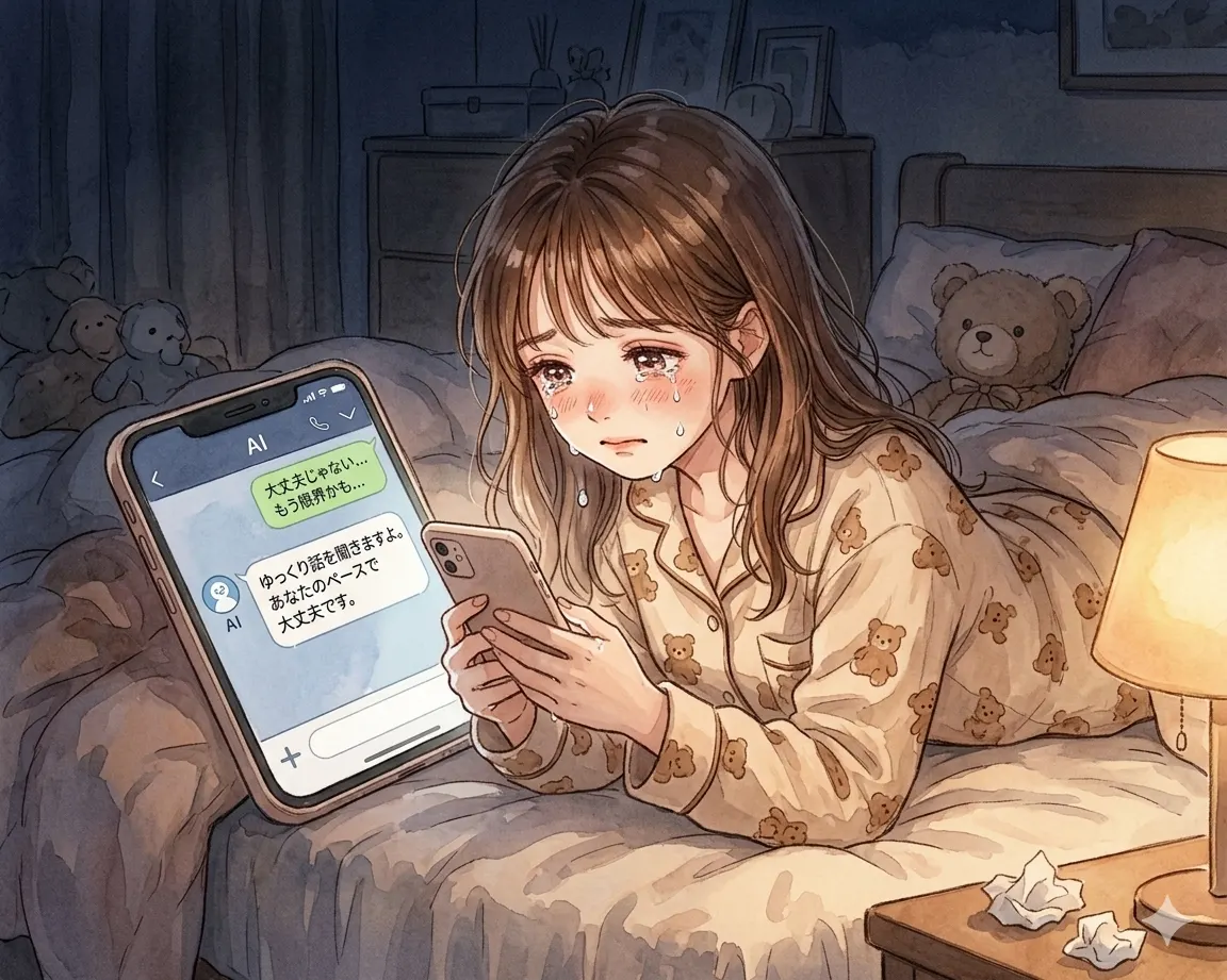 夜、泣きながらAIに話しかける女性