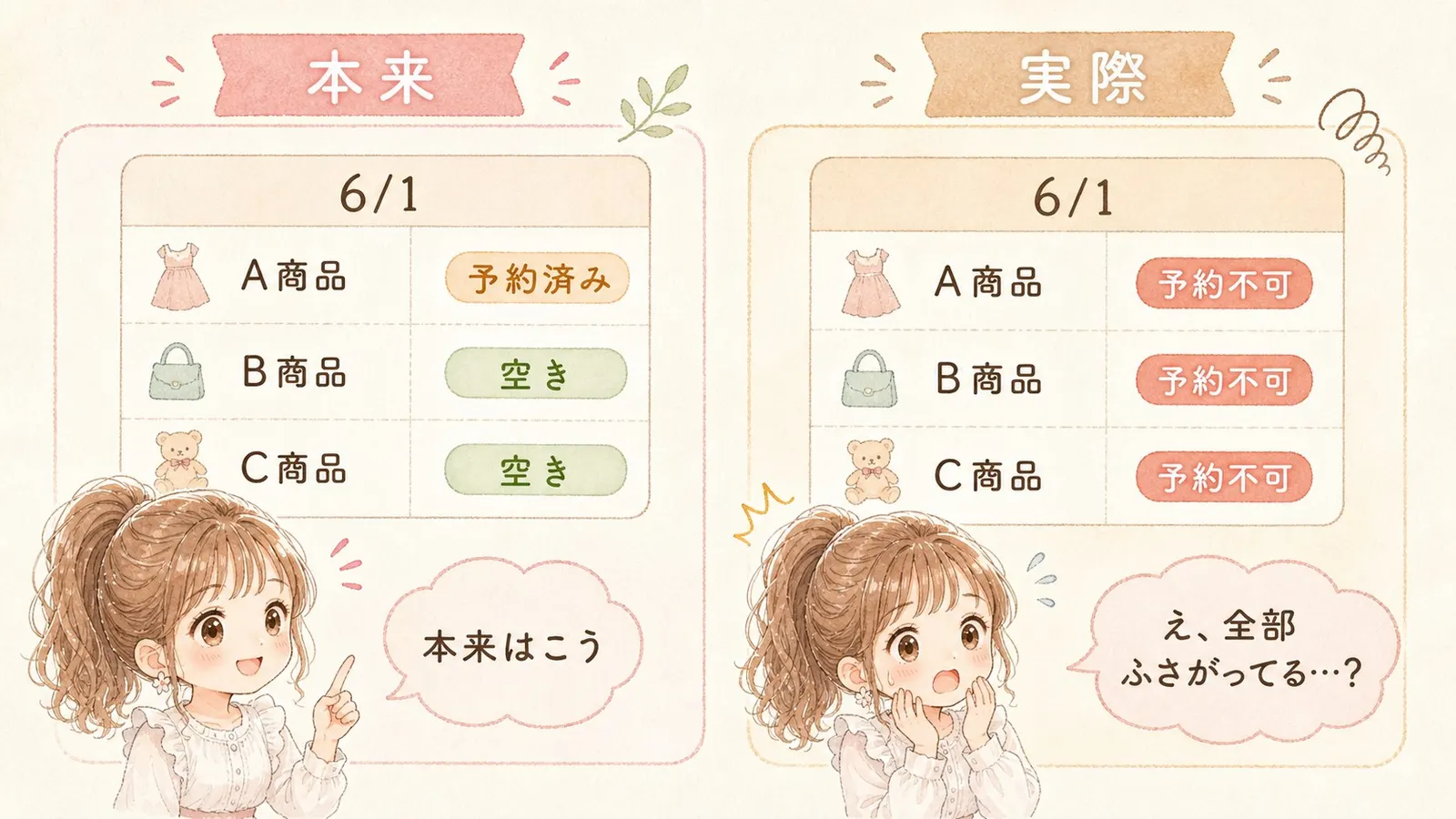本来と実際の予約状況を比較したイラスト