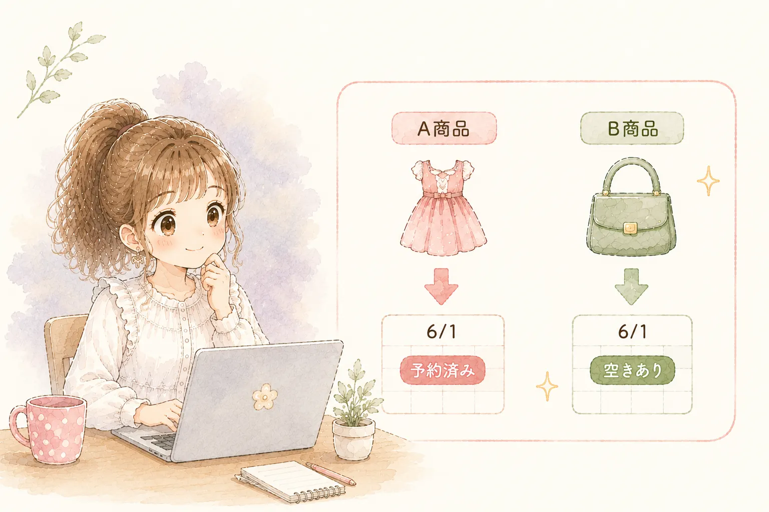 複数商品が独立して予約できるか確認する主婦のイラスト