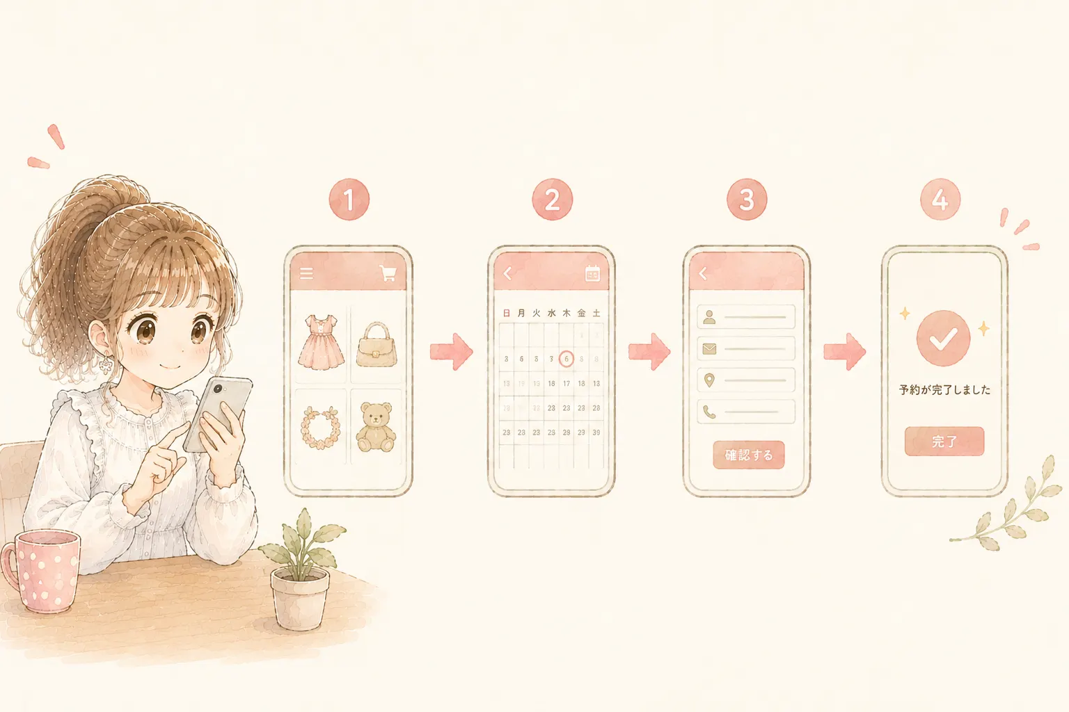 お客様と同じ手順でシステムを最初から操作する主婦のイラスト