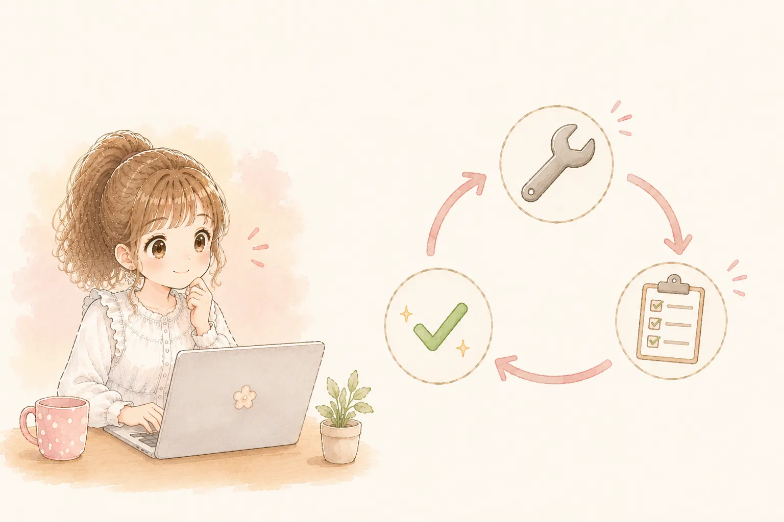 システムを変更するたびにテストを繰り返す主婦のイラスト