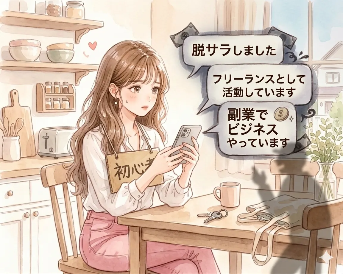 脱サラ・フリーランス・副業ビジネスと書かれた怪しいDMが届く初心者ブロガーのイラスト