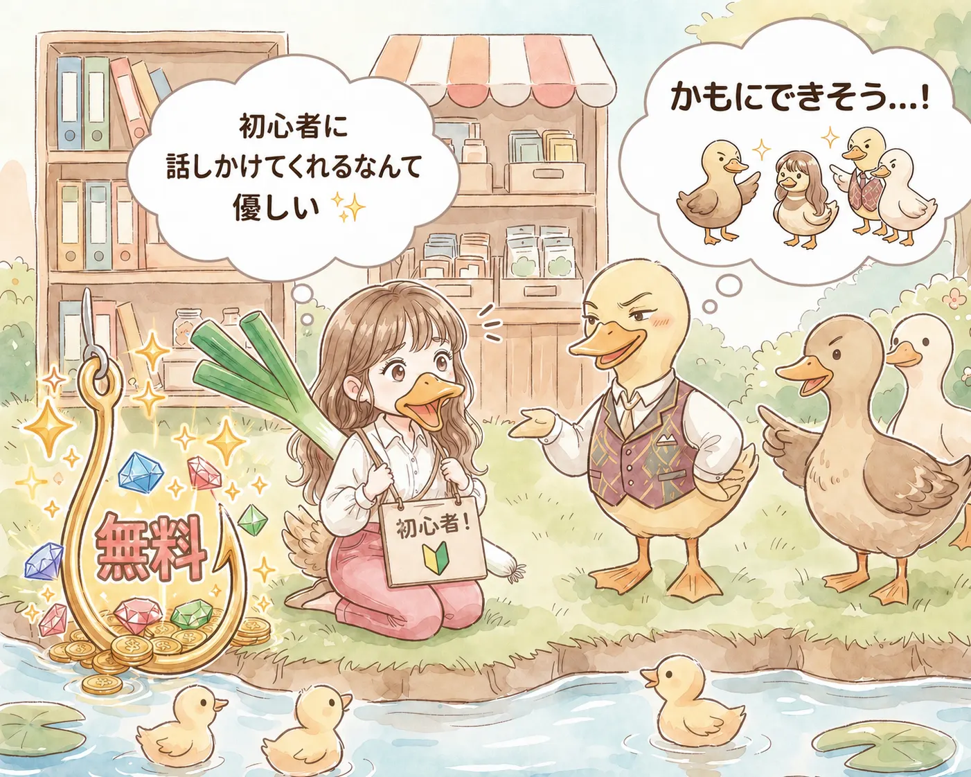 初心者ブロガーが無料の釣り針とカモにされそうになるイラスト