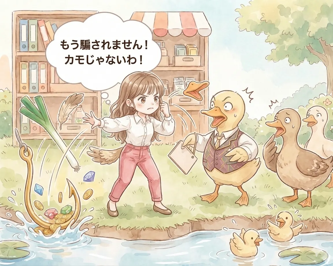 詐欺DMを撃退して「もう騙されません!カモじゃないわ!」と言う女性のイラスト