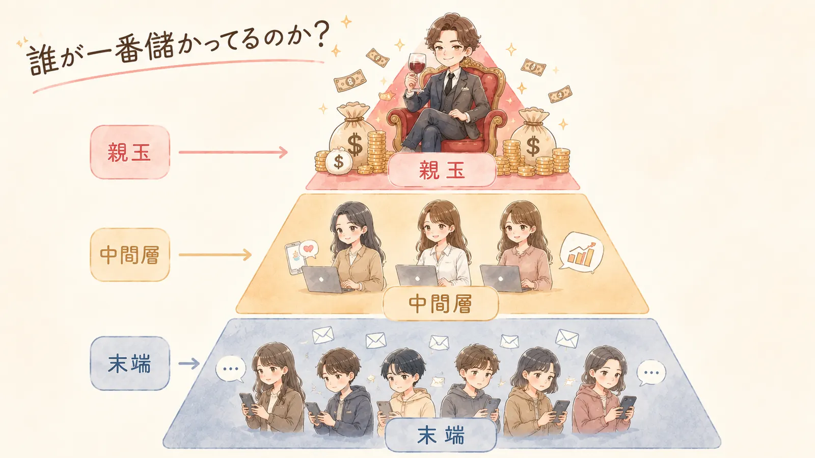 詐欺の階層構造ピラミッド(親玉・中間層・末端)