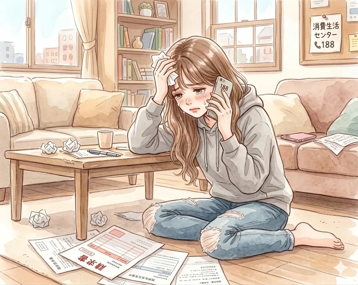 消費生活センター188番に電話で相談する女性のイラスト