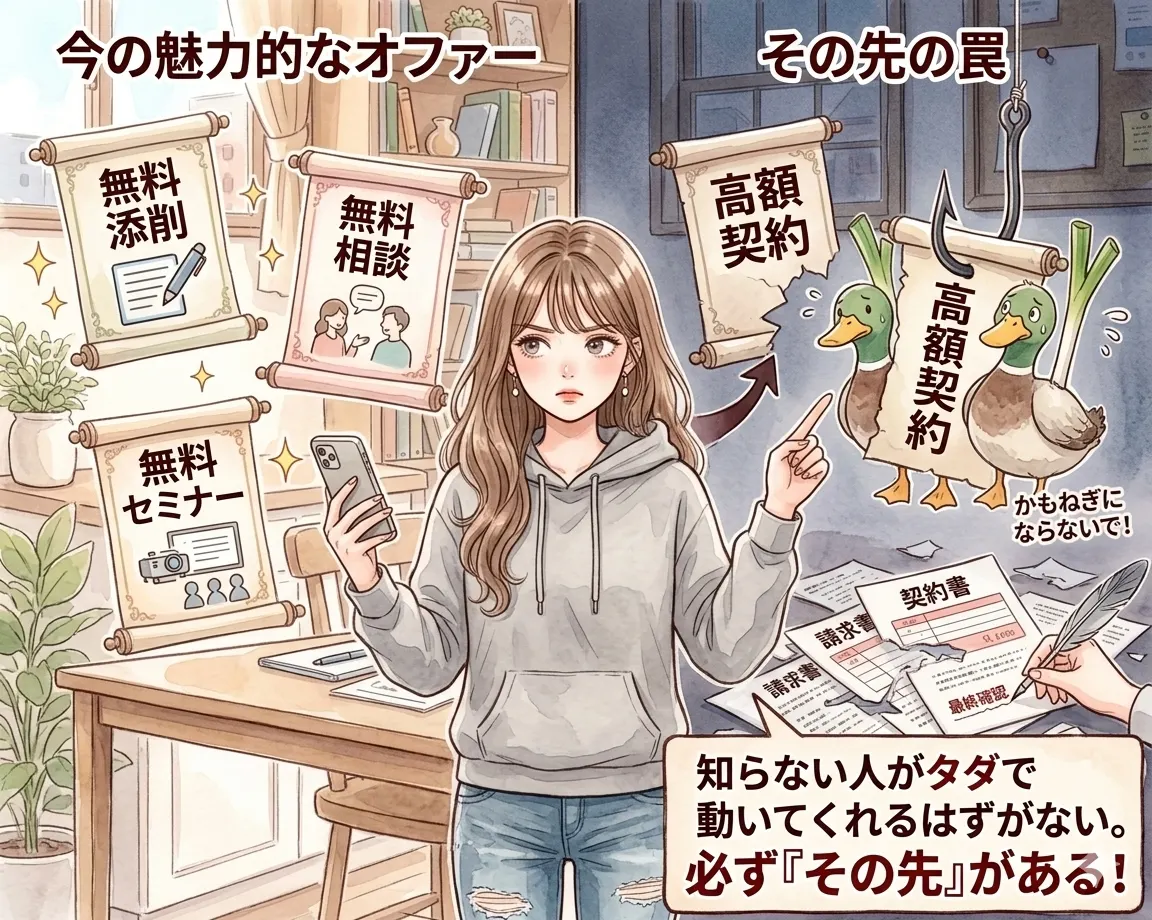 無料添削・無料相談・無料セミナーが高額契約への罠になる仕組みを示したイラスト