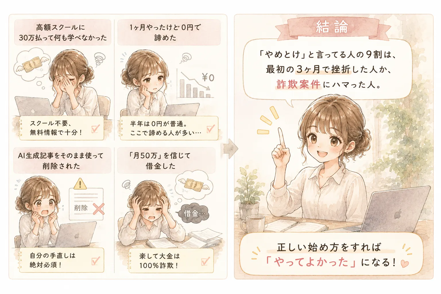 AI副業の失敗談を分析する主婦のイラスト