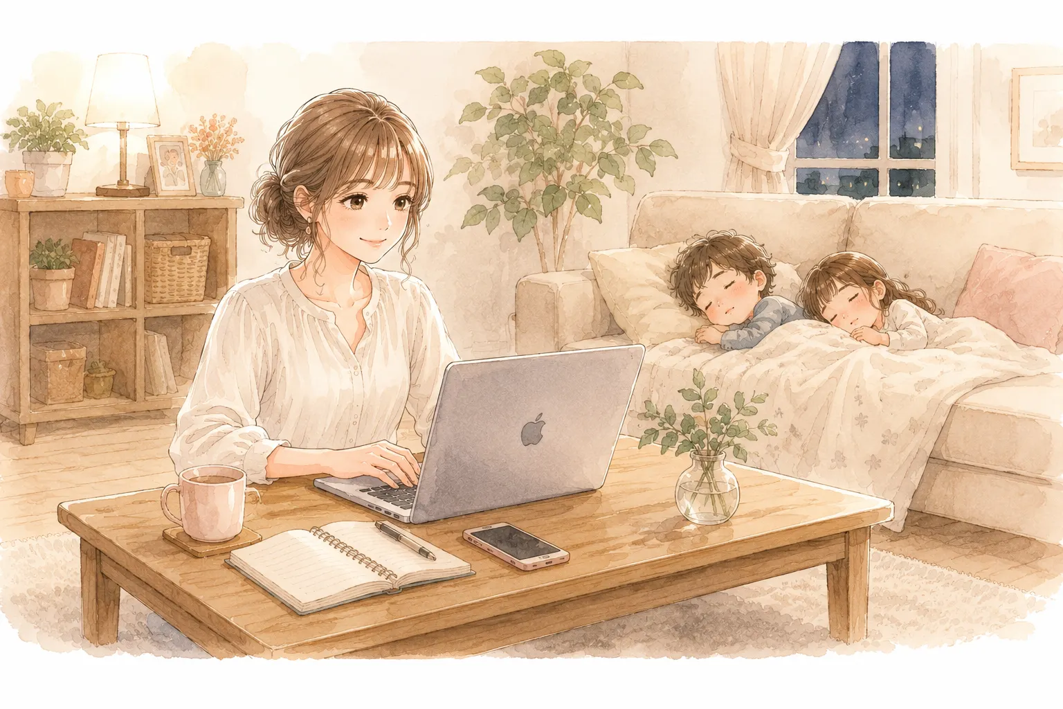 子どもが寝た後にブログ作業をする主婦のイラスト