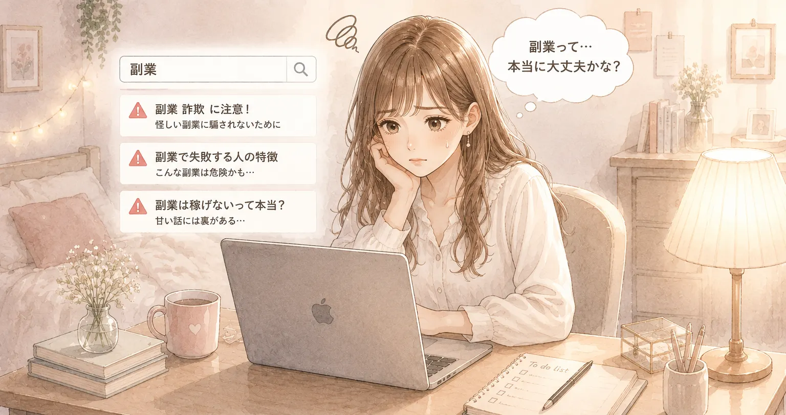 スマホでAI副業を検索している主婦のイラスト