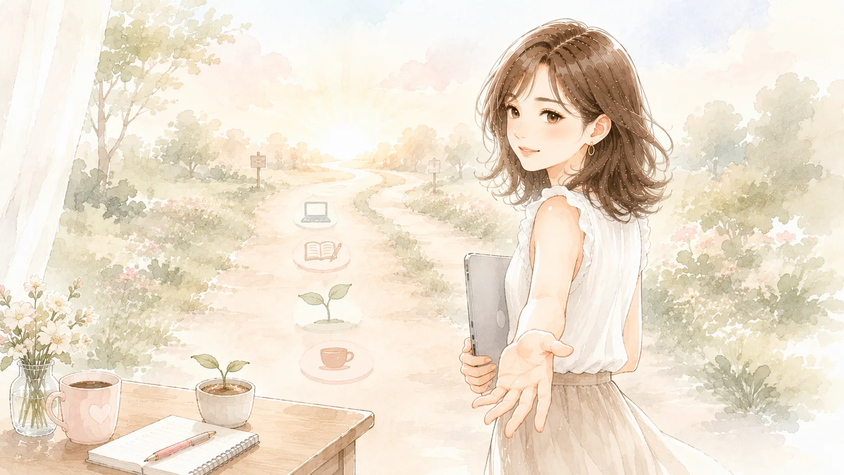 AI副業からブログという道を選んで歩き出す主婦のイラスト