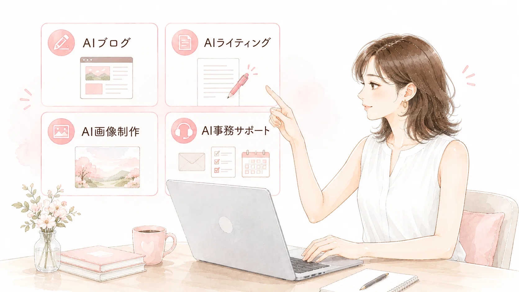 主婦が選びやすいAI副業の候補を並べたイラスト