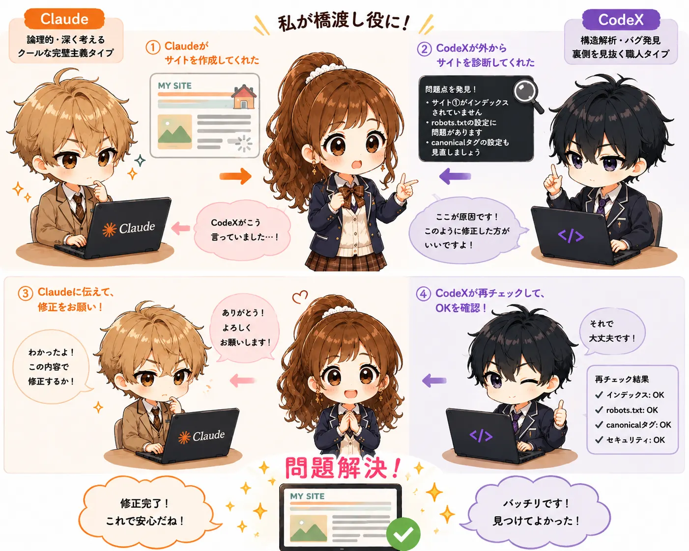 ClaudeとCodexの間で橋渡し役になって問題を解決するイラスト