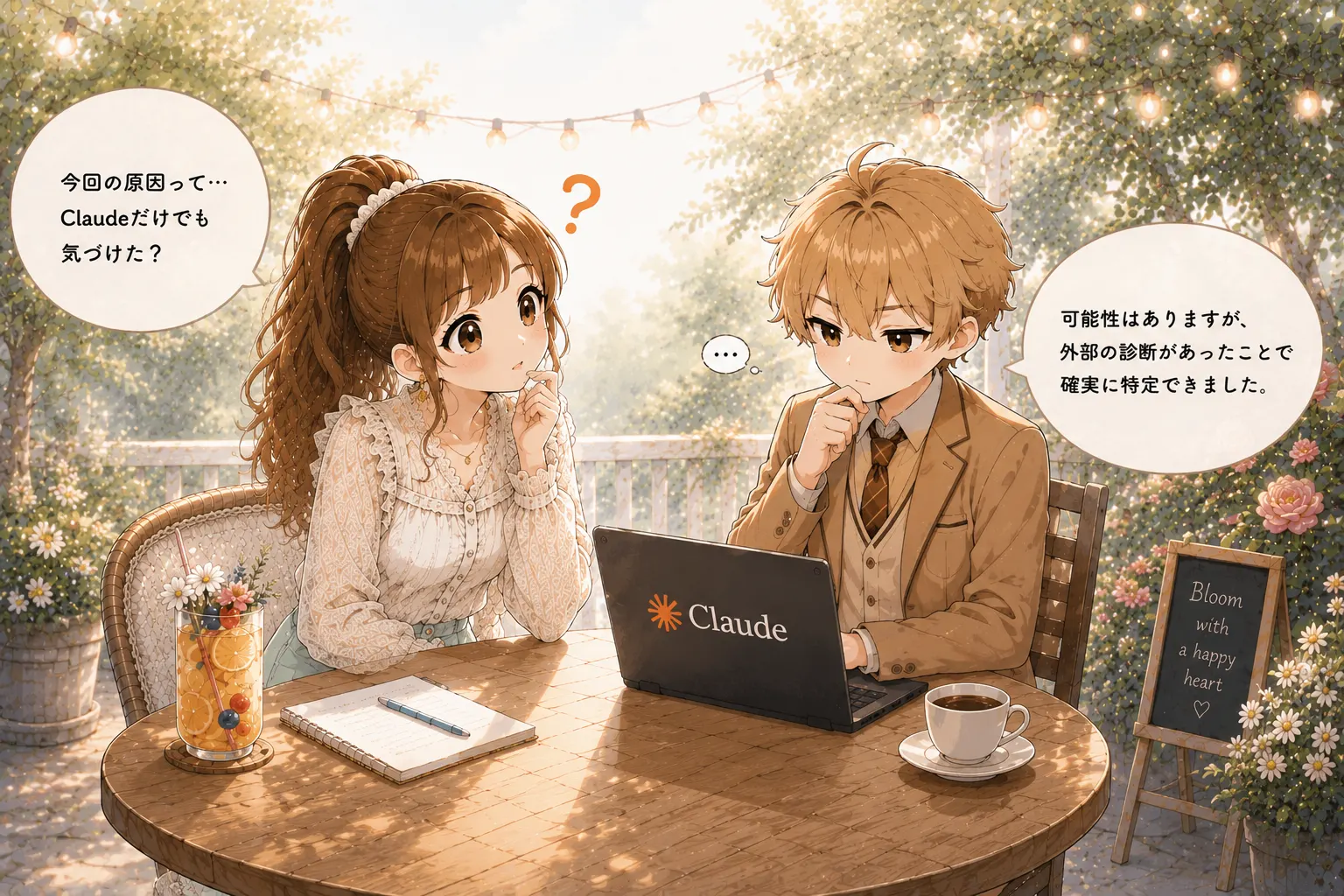 私がClaudeに「今回の原因、あなただけで気づけた?」と聞いているイラスト