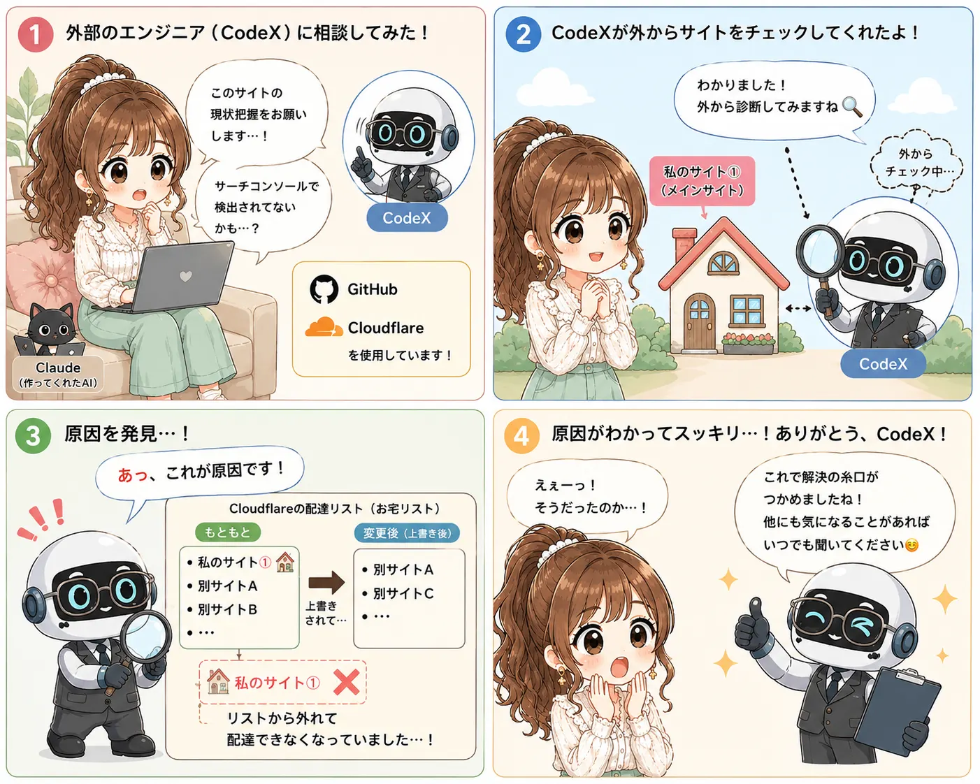 外部のAI(Codex)に相談して原因が発覚する4コマイラスト