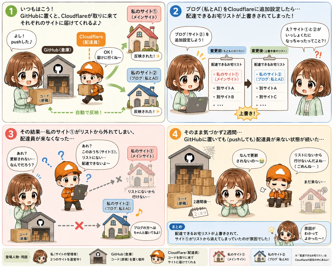 GitHubとCloudflareの配達員で2サイト管理の副作用を説明する4コマイラスト