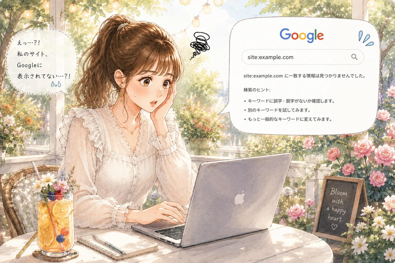 サイトがGoogleに見つからなくて困る主婦のイラスト