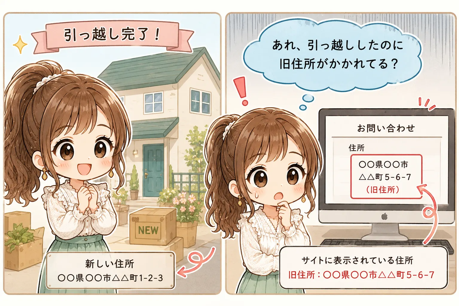 引越し後も旧住所が残っていて困る主婦のイラスト