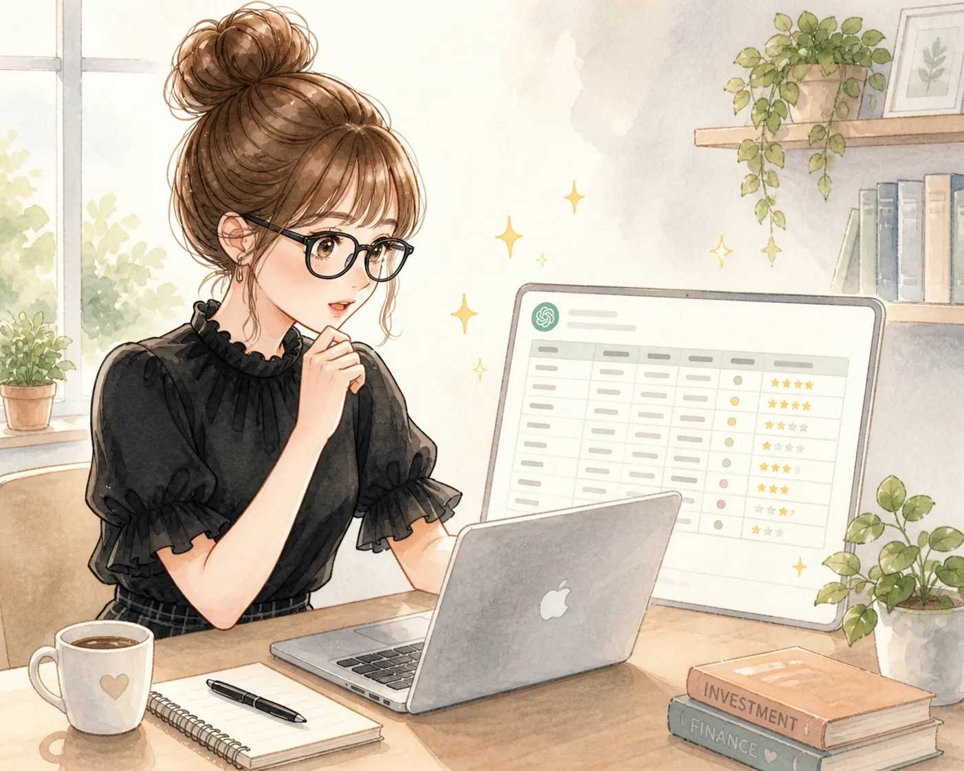 ChatGPTに高配当株15社のリストをお願いする主婦のイラスト