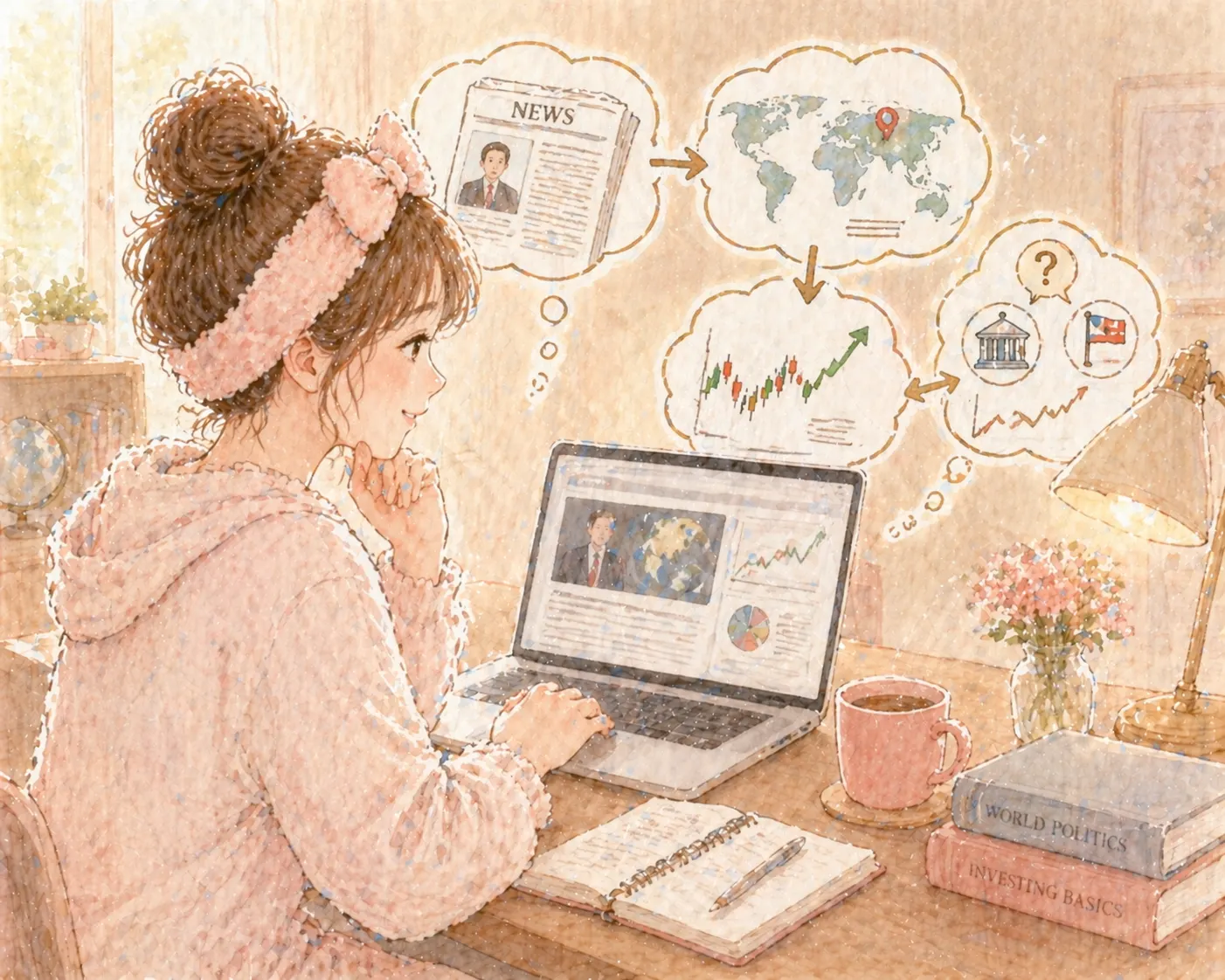 ニュースを株価と結びつけて学ぶ女性のイラスト