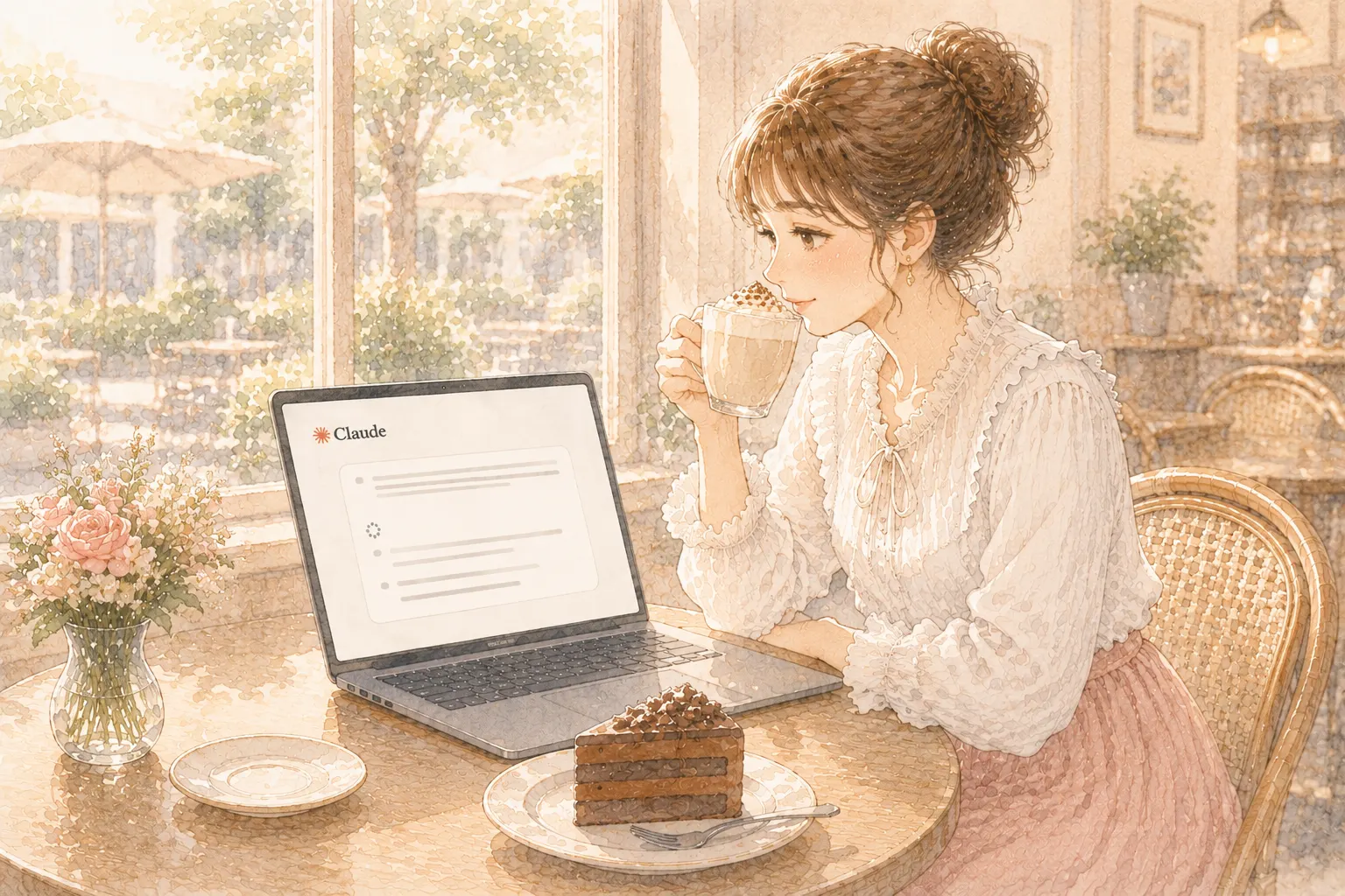 Claudeに本文の下書きを書いてもらう主婦のイラスト
