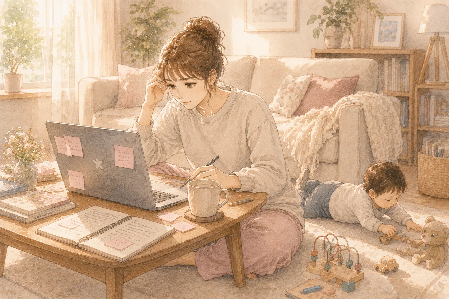 AIの下書きを自分で手直しする主婦のイラスト