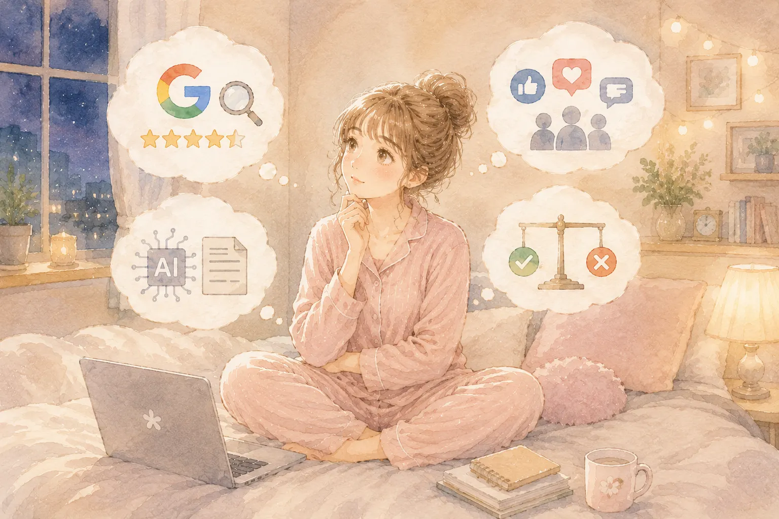 GoogleとSNSのAIコンテンツ評価の違いを説明するイラスト