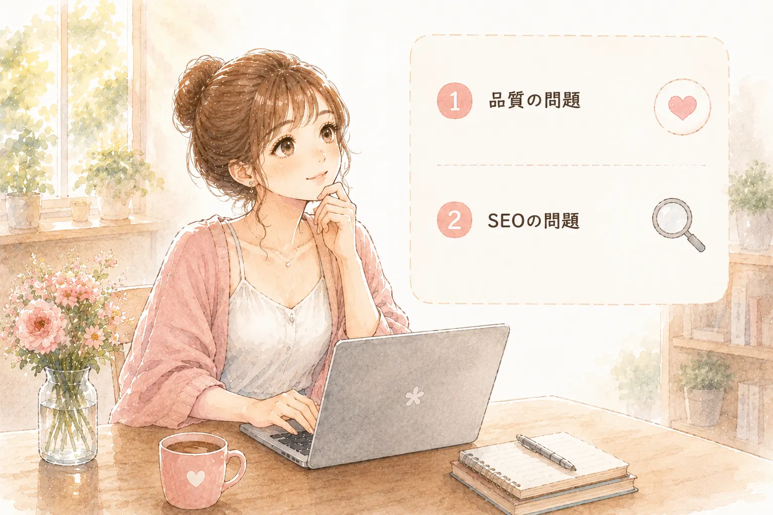 AIが書いた記事をそのままコピペしてはいけない理由を説明する主婦のイラスト