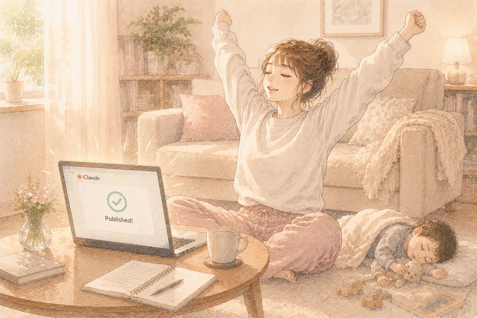 ブログ記事を公開する主婦のイラスト