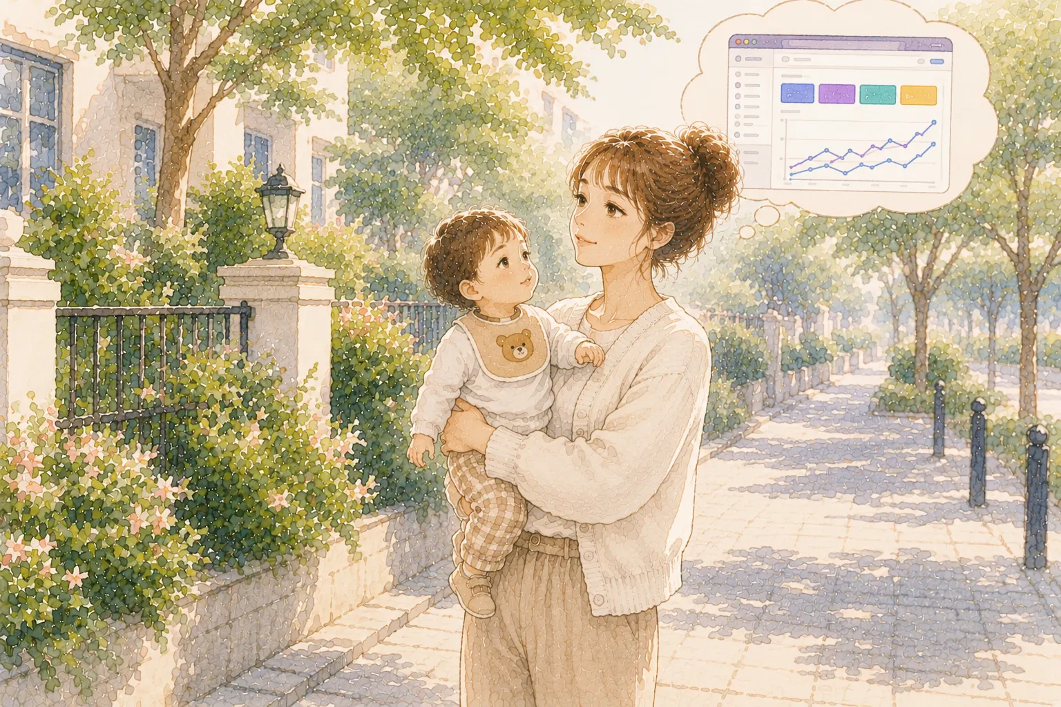 サーチコンソールでブログを育てる主婦のイラスト