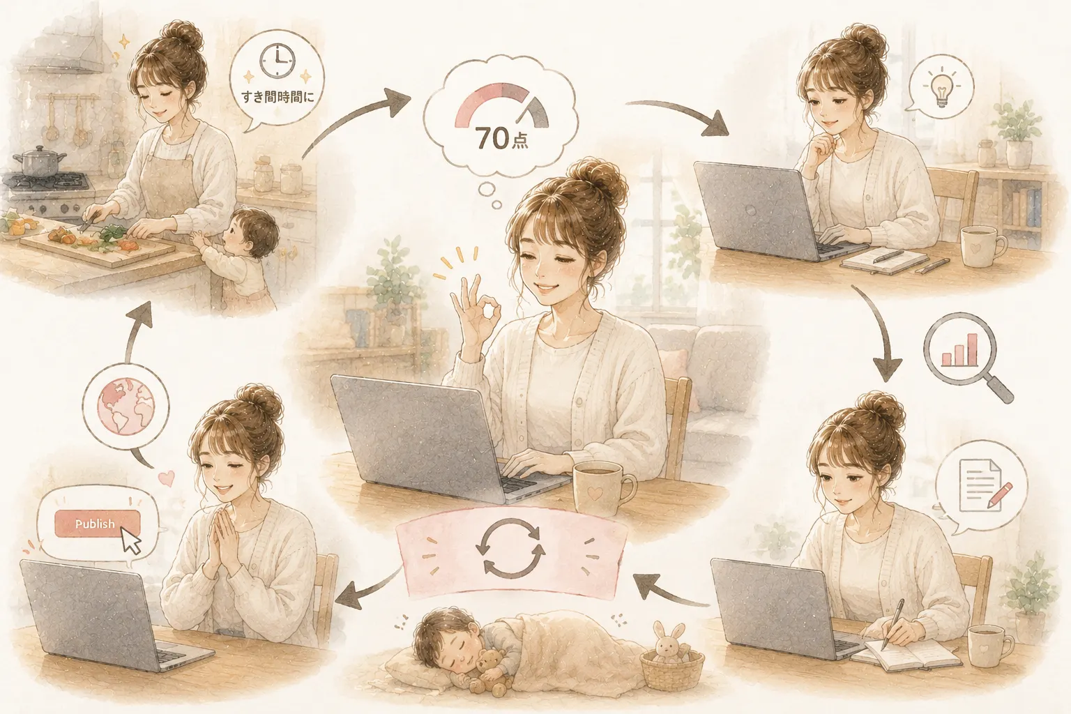 完璧を目指しすぎて手が止まる主婦のイラスト