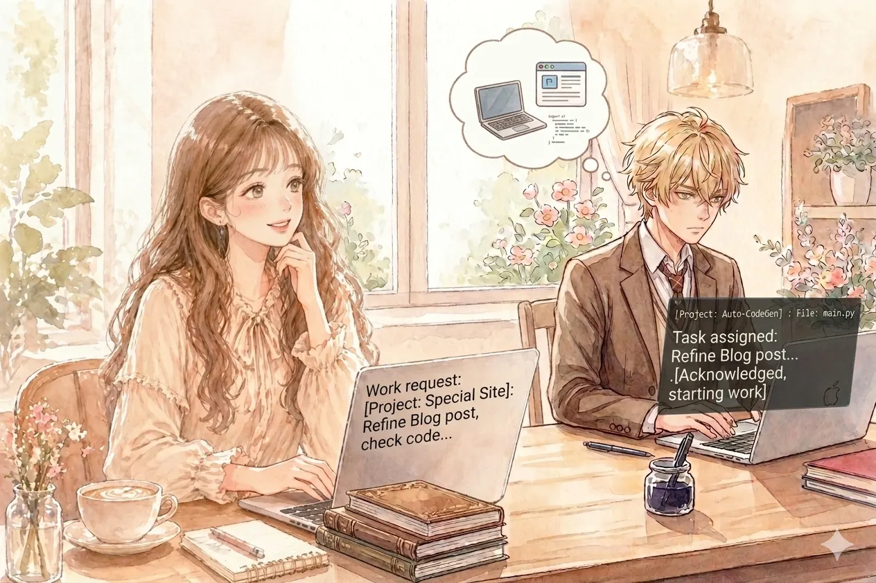 Claudeがブログやコード作業を代わりに進めてくれるイメージイラスト