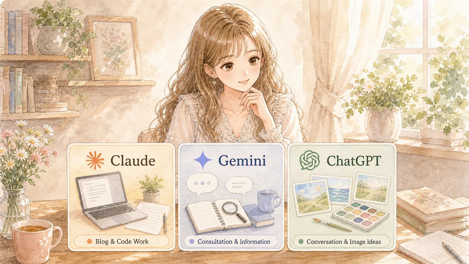 ブログ作成・相談・画像生成でAIを使い分ける主婦のイラスト