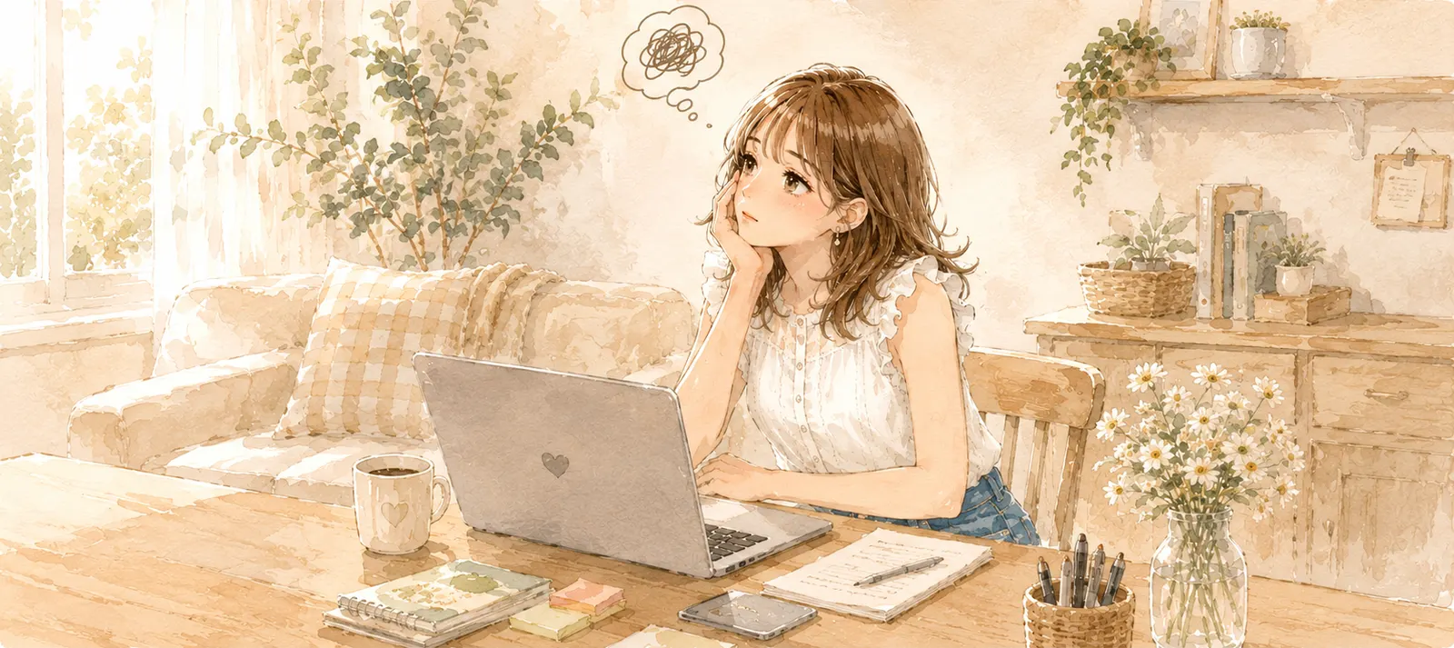 セットアップに2時間かかったことを思い出す主婦のイラスト