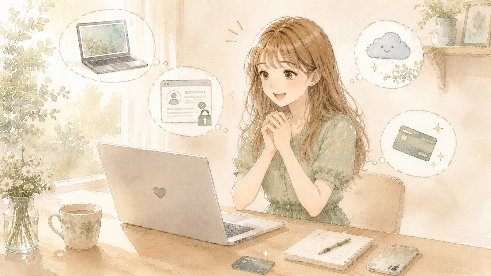 Claude Codeを始めるのに必要なものを確認する主婦のイラスト