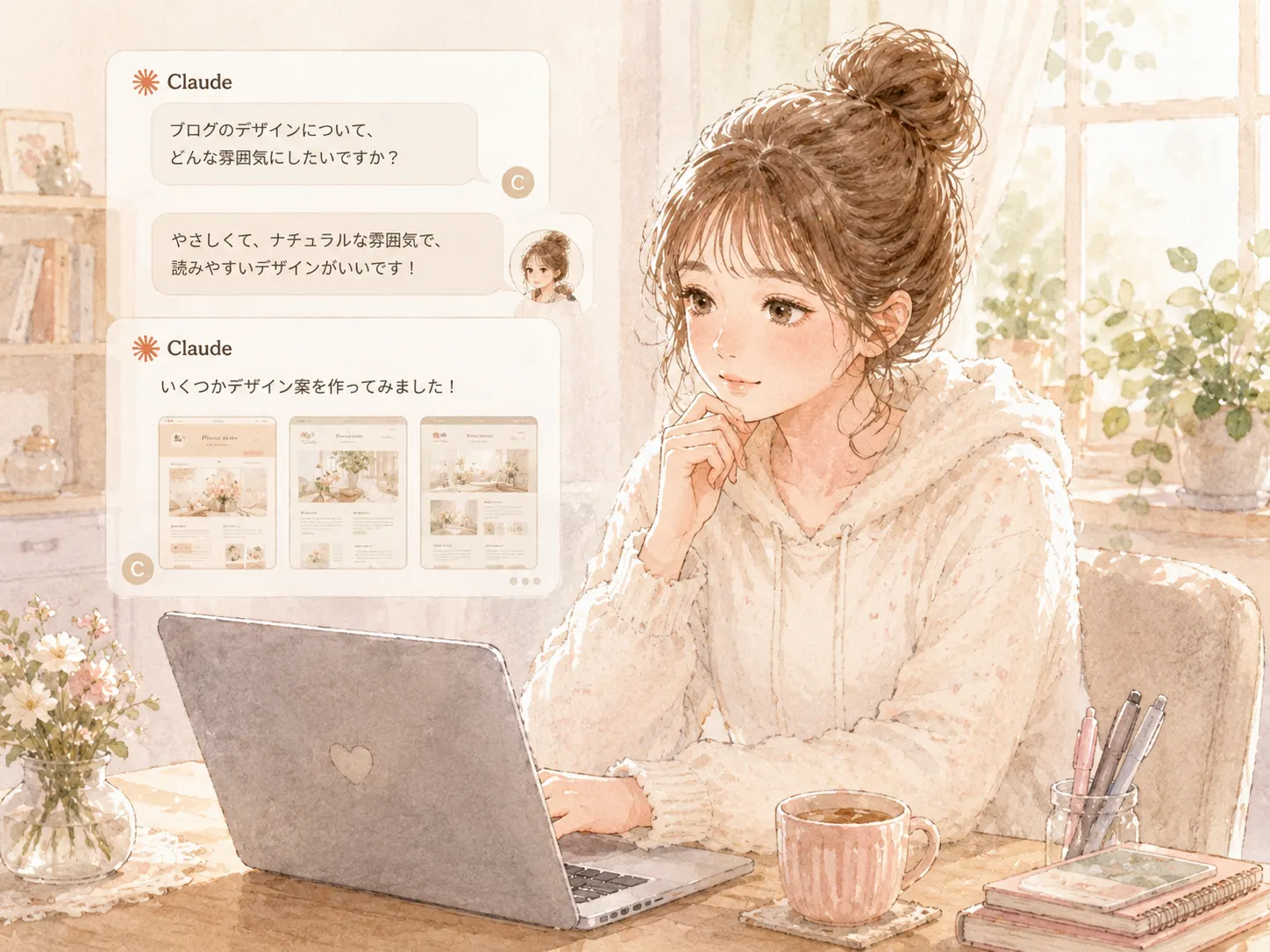 Claudeとブログデザインについて話し言葉でやりとりする主婦のイラスト