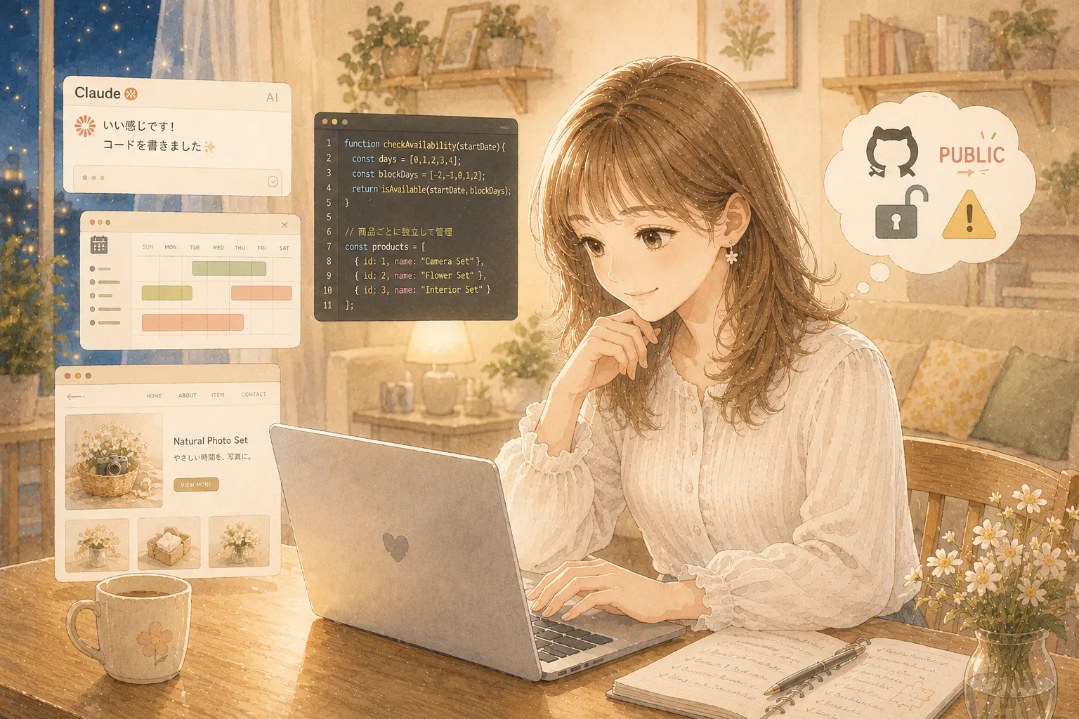 ClaudeでHPを作る主婦のイラスト