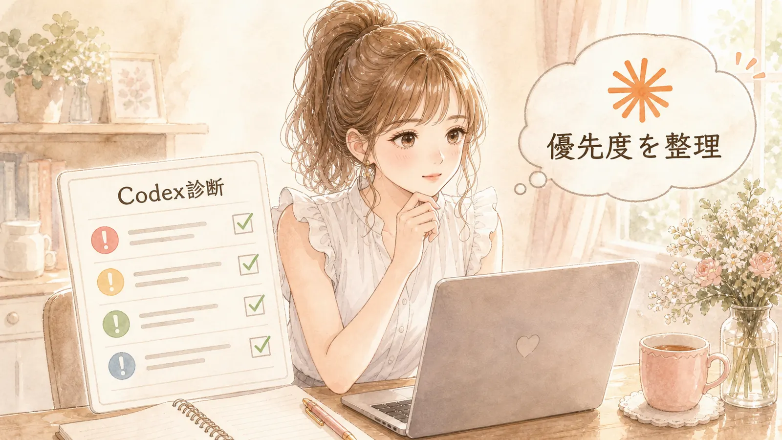 Codexの診断レポートを見てClaudeが優先度を整理してくれるイラスト