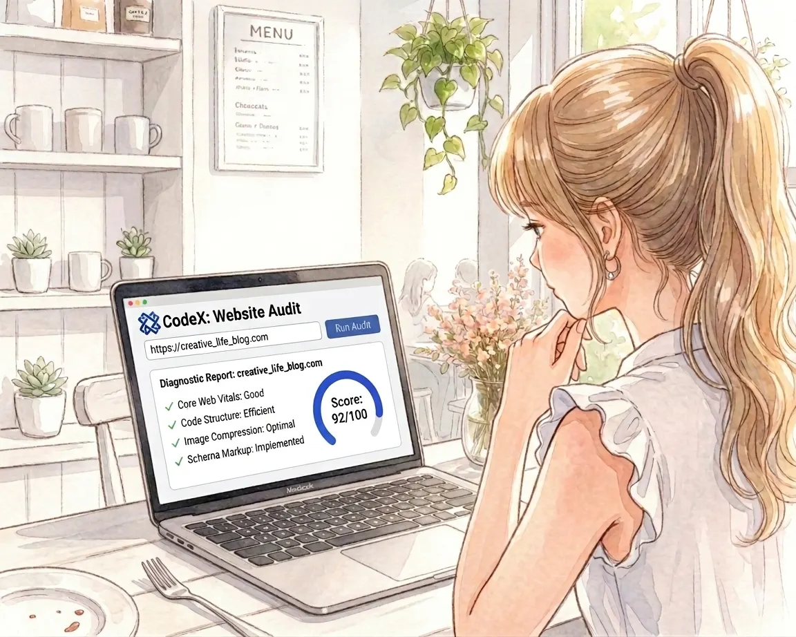 Codexのブログ診断レポートを見つめる主婦のイラスト