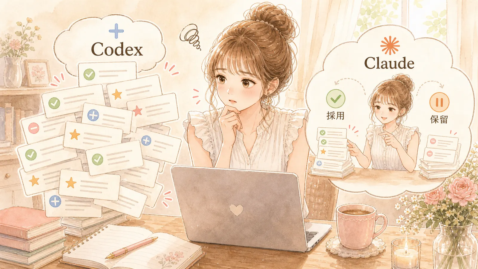 Codexの大量提案をClaudeが採用・保留に仕分けするイラスト