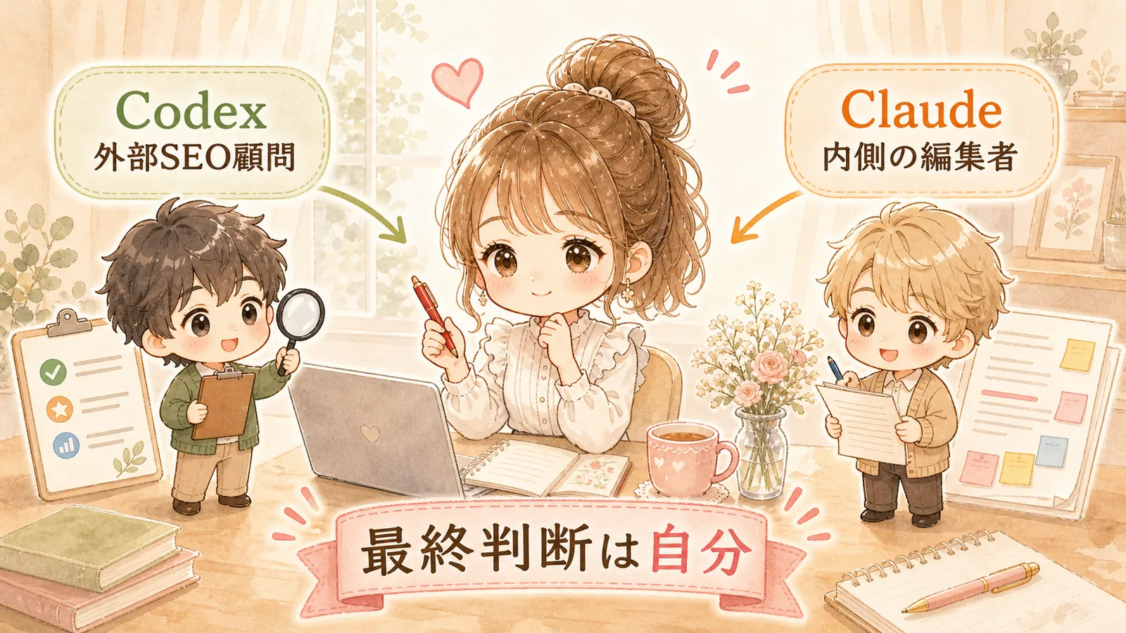 Codex外部SEO顧問・Claude内側の編集者・最終判断は自分を表したイラスト