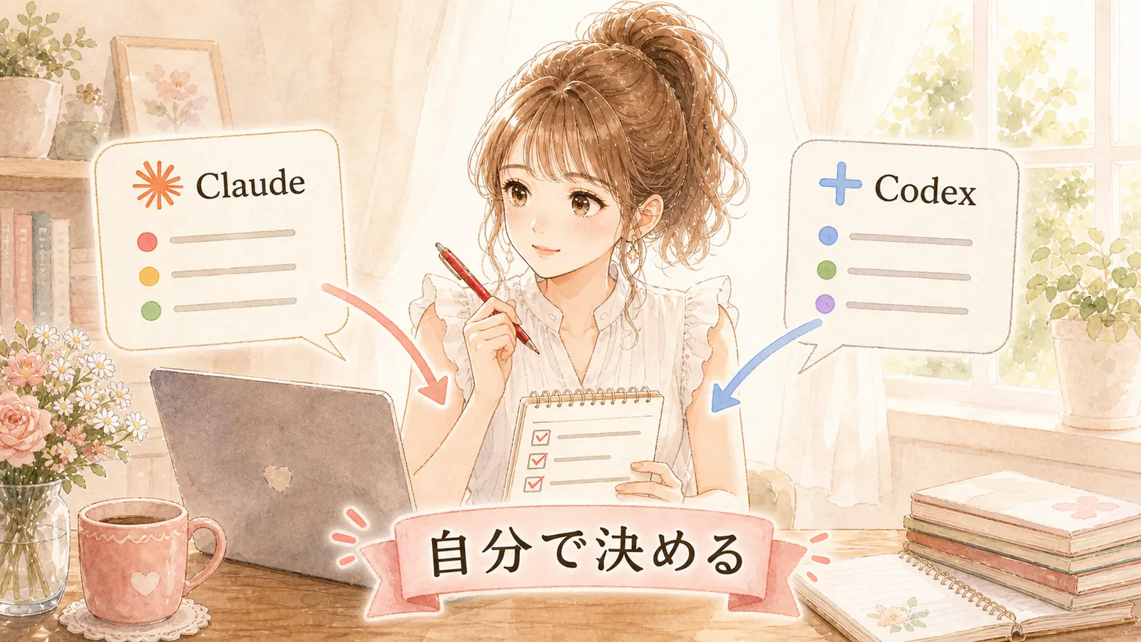 ClaudeとCodexどちらを使うか自分で決める女性のイラスト
