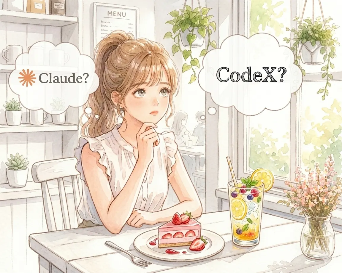 ClaudeとCodexどちらを使うか考える主婦のイラスト