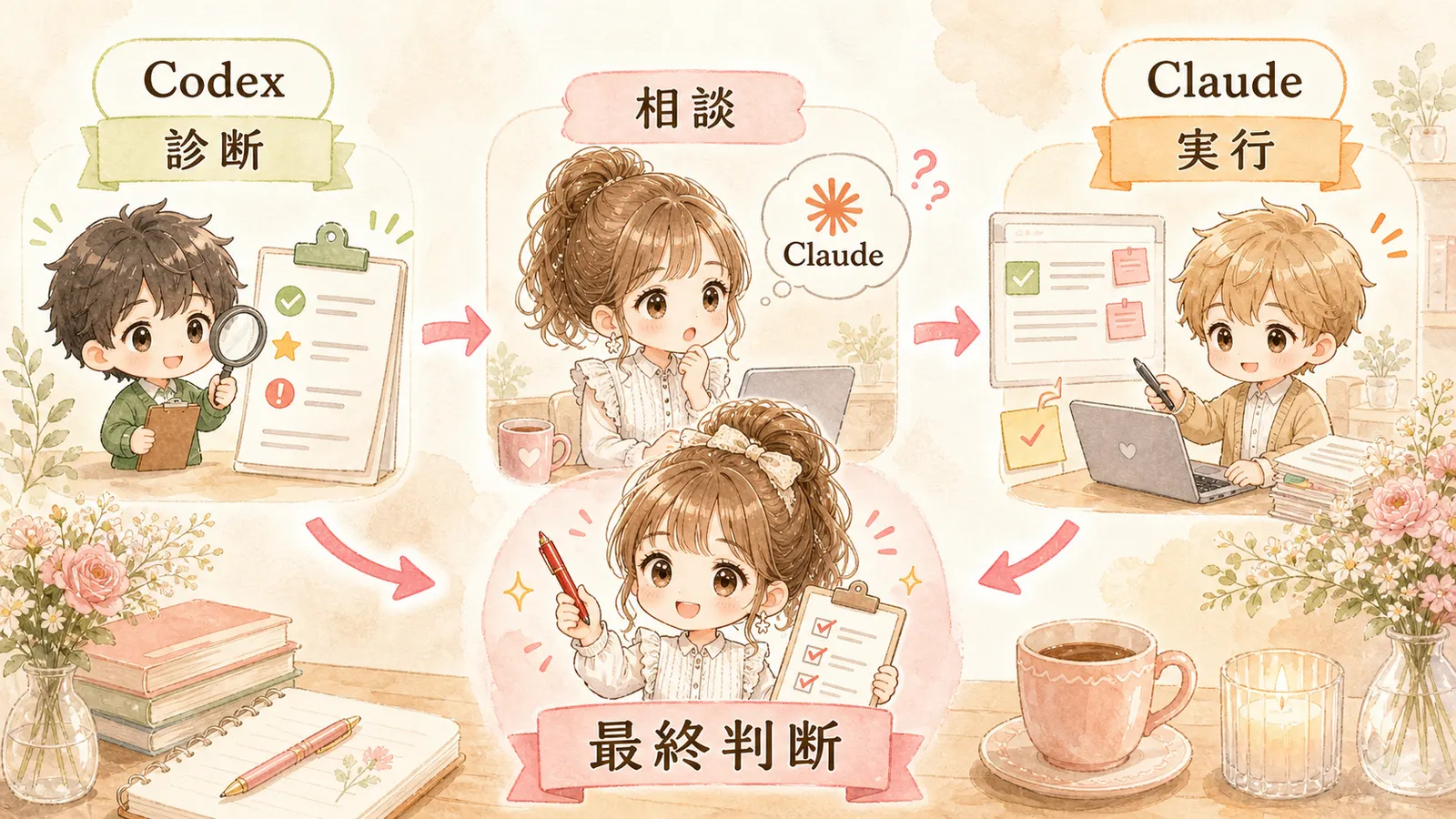 Codex診断→相談→Claude実行→最終判断の使い分けフローを表したイラスト